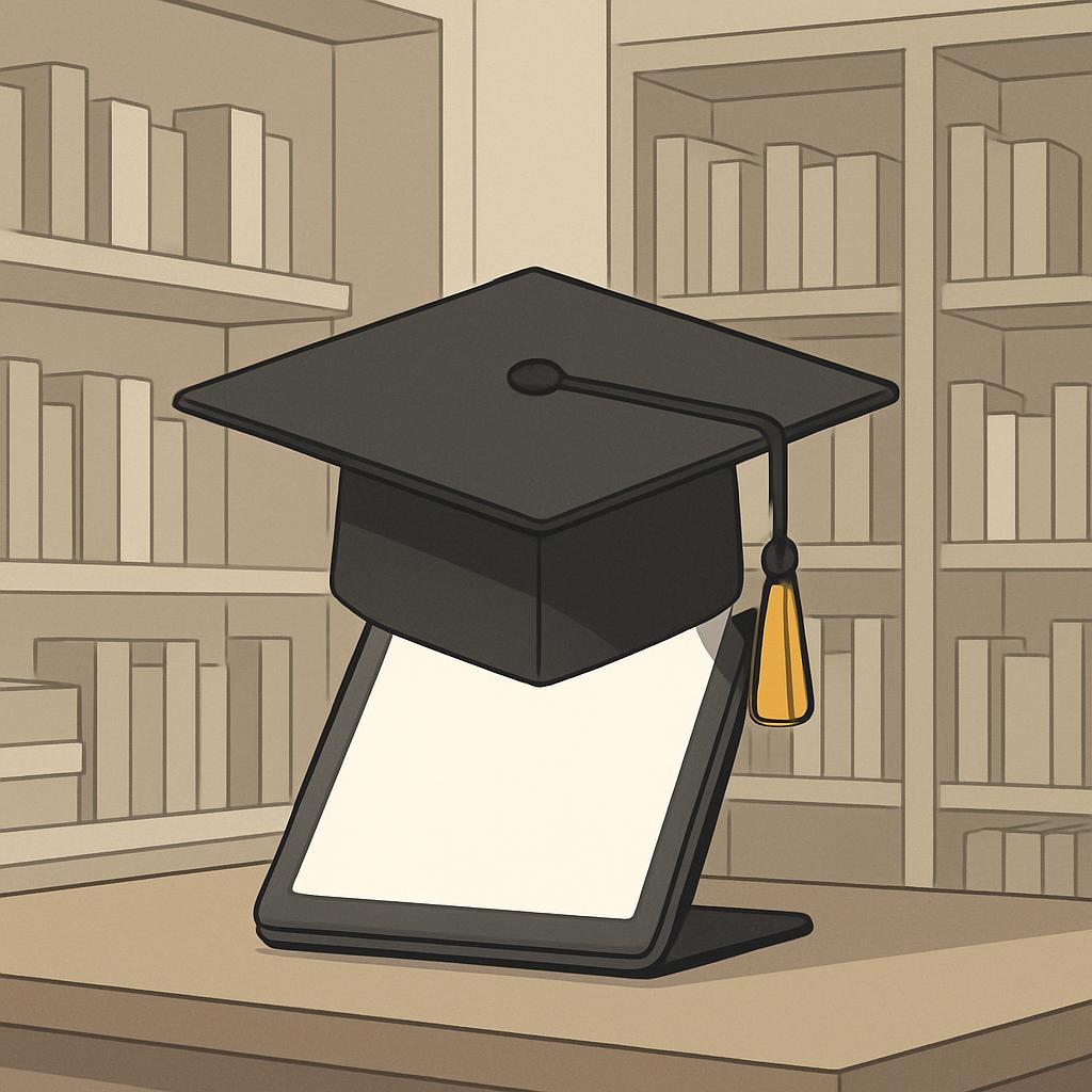 A cartoon tablet with a graduation cap on top, set against a backdrop of bookshelves.