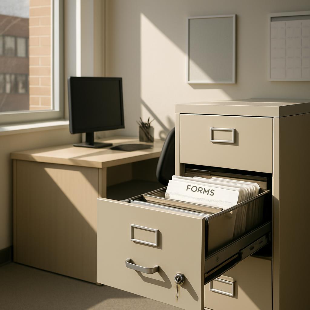 A sunlit office corner with a window, desk, and file cabinet.