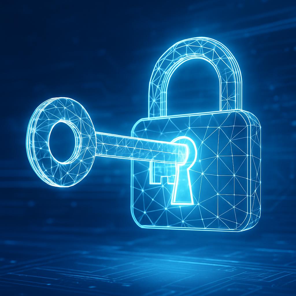 A glowing blue padlock and key, surrounded by a network and connection metaphor, representing data security and cybersecur...